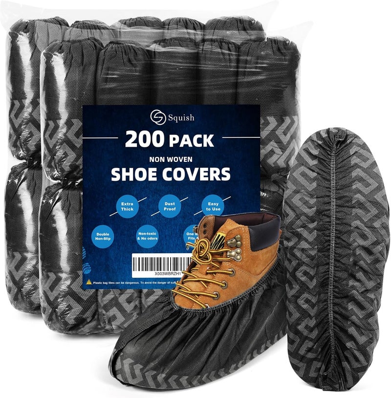 squish 200 Pack Shoe Covers Disposable Non-Slip, Black Non-Woven Fabric Boot Covers for Indoors Breathable Slip Resistant Durable Boot&Shoes Cover, Protector Covers Fits Virtually Most Shoes - Image 1